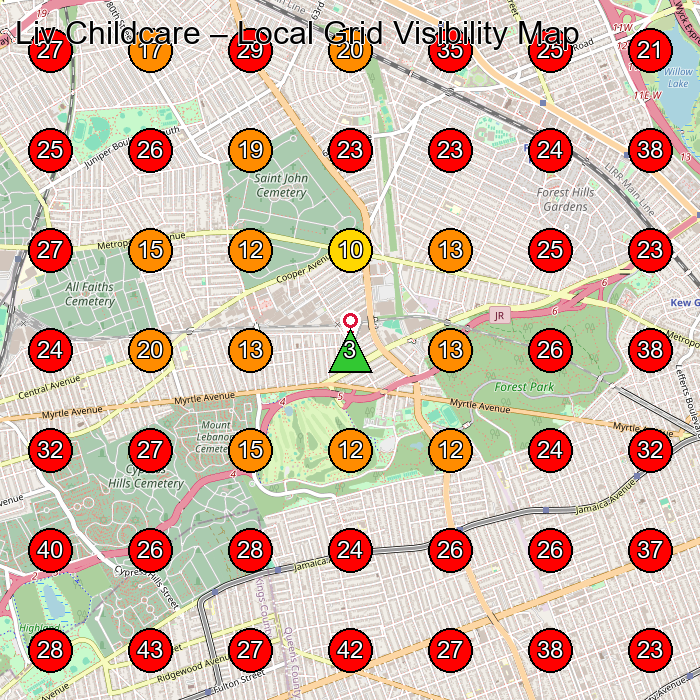 Liv Childcare GeoGrid visibility map for Day Care Center in Forest Hills